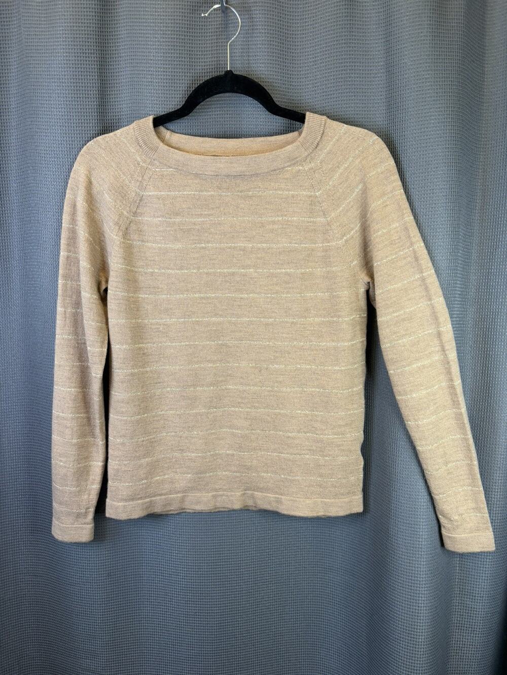 Banana Republic Women’s M Merino Wool Sweater Beige Metallic Stripe Boat Neck